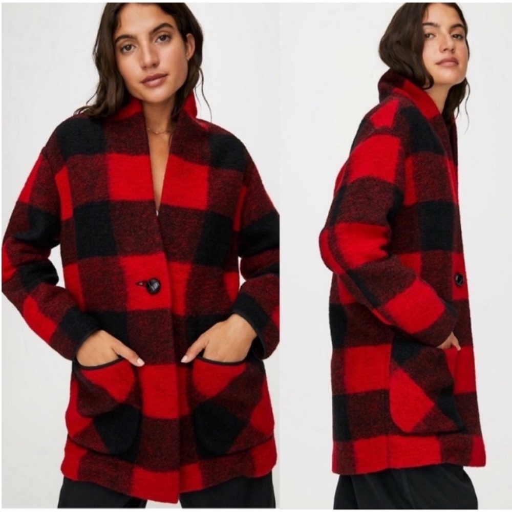 Aritzia Wilfred Free Off-Duty Buffalo Plaid Wool Coat Sz:S Red & Black